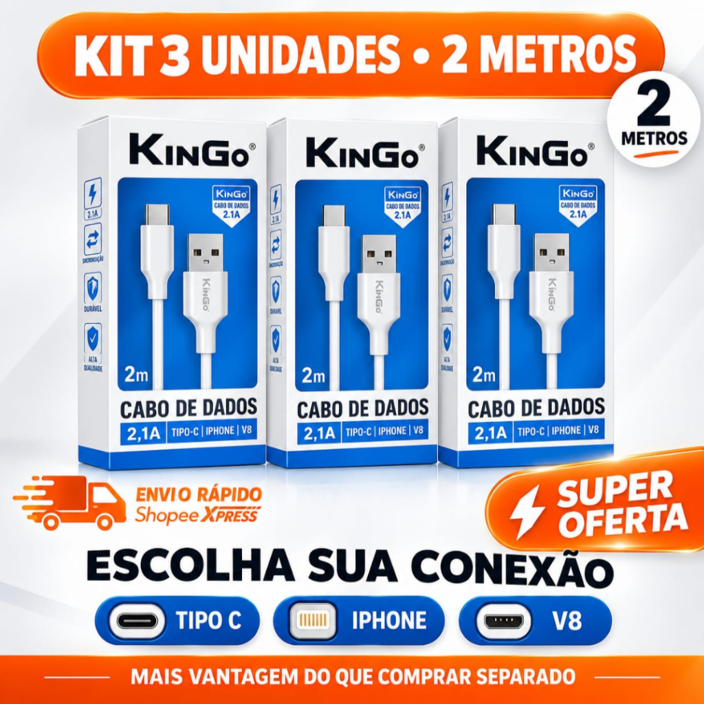 Cabo De Dados Turbo Kingo 2m Original Kit  3 Unidades  Tipo-C Lightning v8 Compativel com Iphone Samsung e Xaomi
