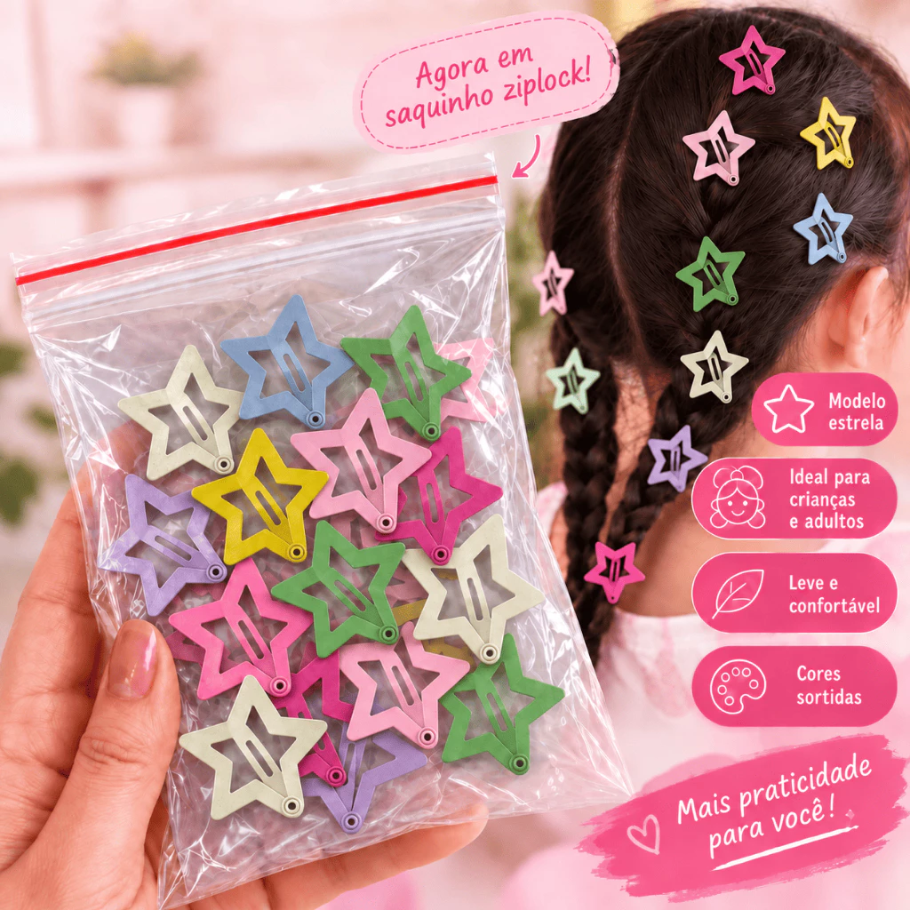 Presilhas Estrela Colorida Tic Tac Cores Sortidas Infantil Prendedores Cabelo Menina Grampos Estrelinhas Clip Xuxinha — imagem 1