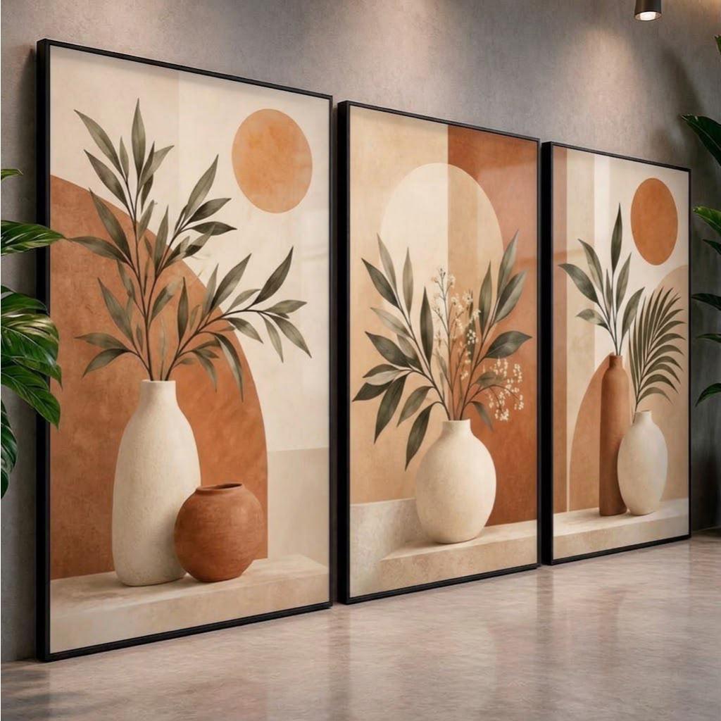 Quadros para Sala de Estar Kit 3 Vasos com Folhagens Verde Oliva Decoração Boho Tons Terrosos