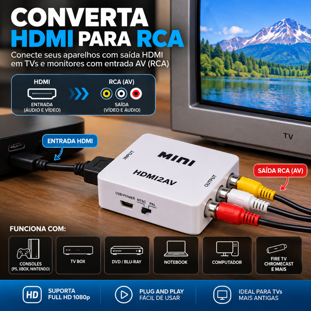 Mini Conversor HDMI Para AV RCA 1080P Full HD Vídeo Composto Adaptador Para TV Antiga TV Box DVD