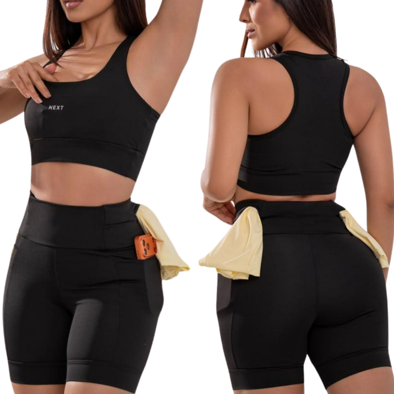 Conjunto Fitness Feminino Corrida Academia Dia a Dia Top Short Cós Alto com Bolsos Poliamida Blackout Zero Transparência
