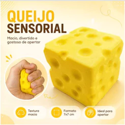 Cubo Espremido de Queijo - Alívio de Estresse com Design Realista e Material TPR Super Macio - 7cm, Amarelo