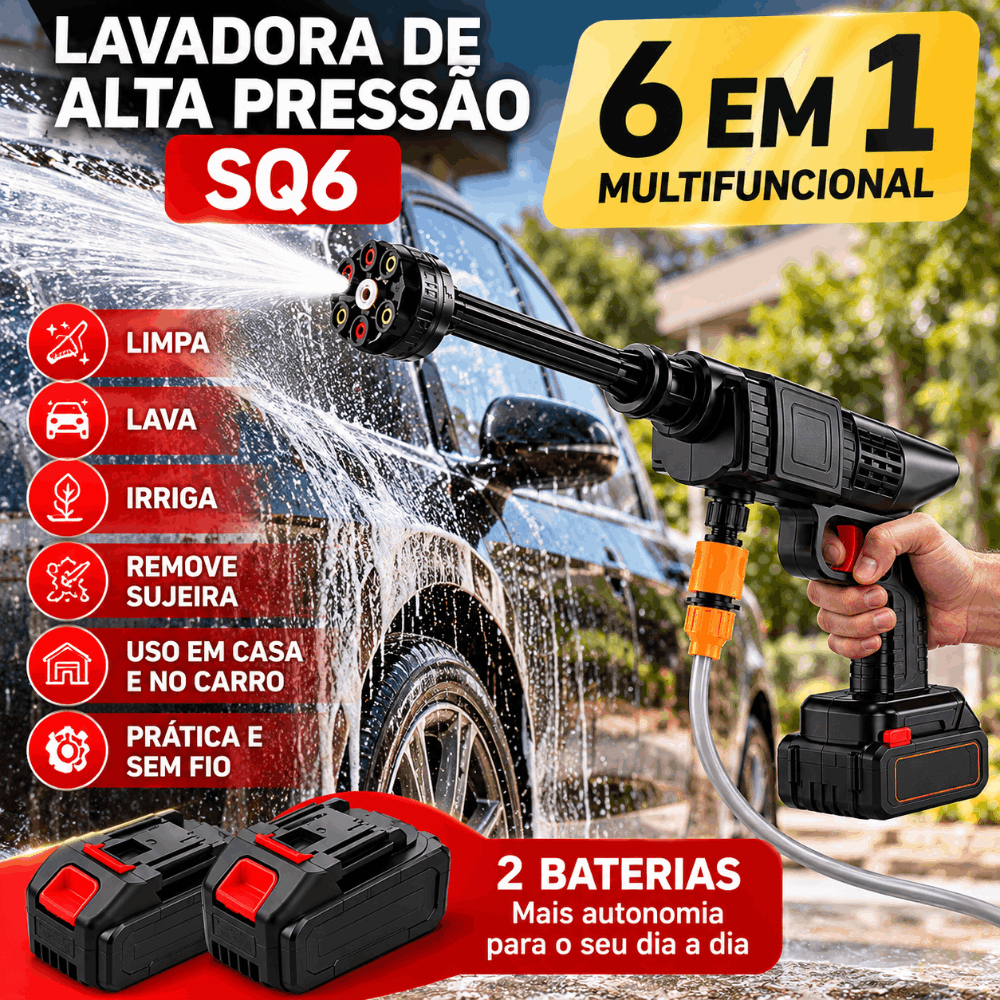 Lavadora de Alta Pressão Sem Fio 21V 2 Baterias Bico 6 em 1 Lava Jato Portátil Recarregável
