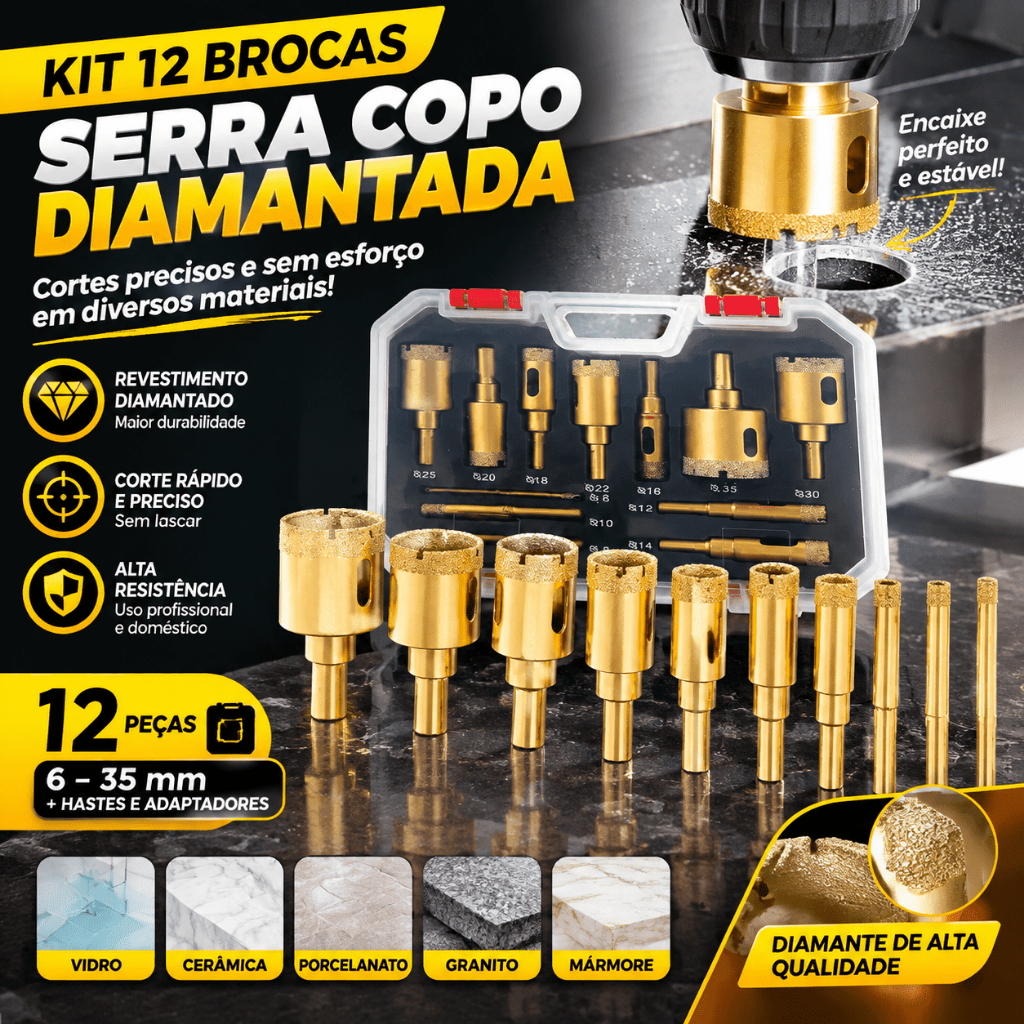 Kit 12 Broca Serra Copo Diamantada 6-35mm Vidro Ceramica