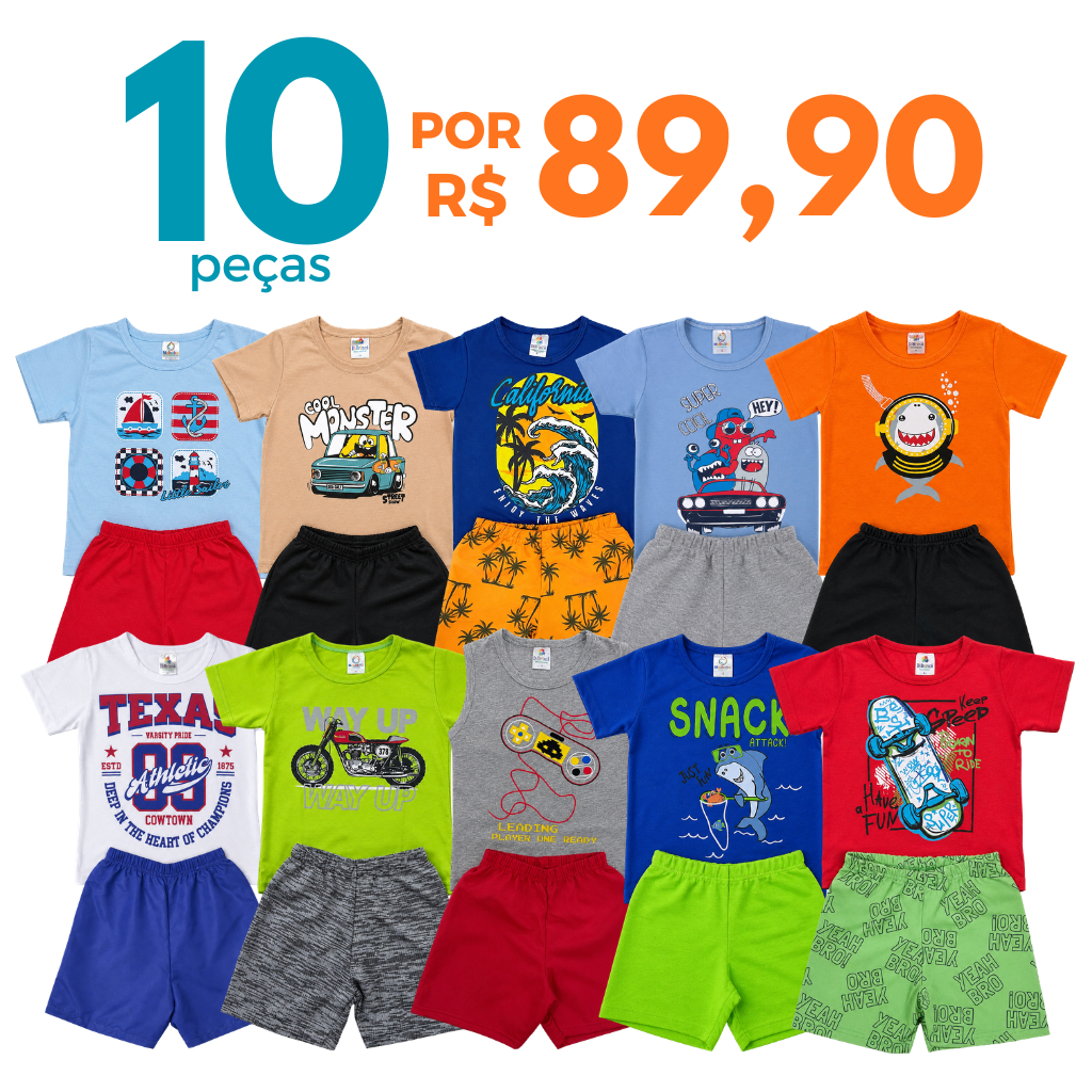 Kit 10 ou 4 peças Conjunto Verão Roupa Menino Infantil 5 Camiseta e 5 Shorts/Bermudas Sortidos 5 ou 2 Conjuntos