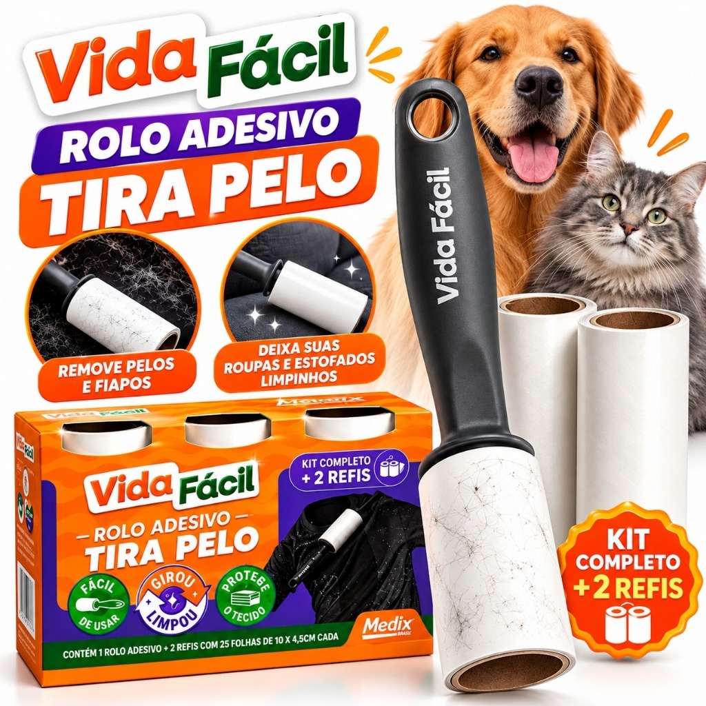 Rolo Adesivo Tira Pelos Vida Fácil + 2 Refis removedor de pelos para roupas sofá e pet