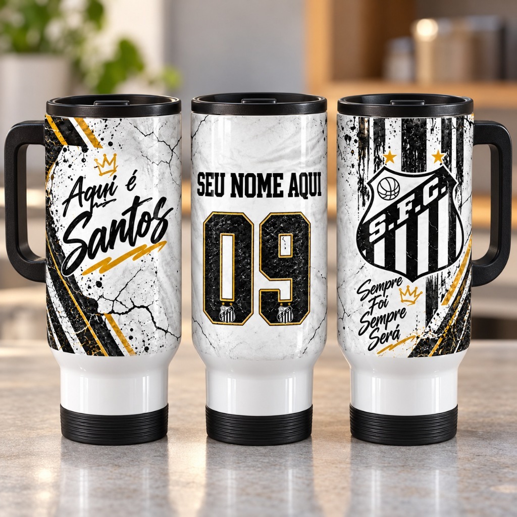 Caneca Térmica Santos FC 450ml Personalizada com Nome | Copo Inox com Alça e Tampa para Torcedor