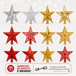 Ponteira de Natal Estrela para Árvore Enfeite Topo Decoração Natalina Dourada Vermelha Prata Estrela Natalina Enfeite