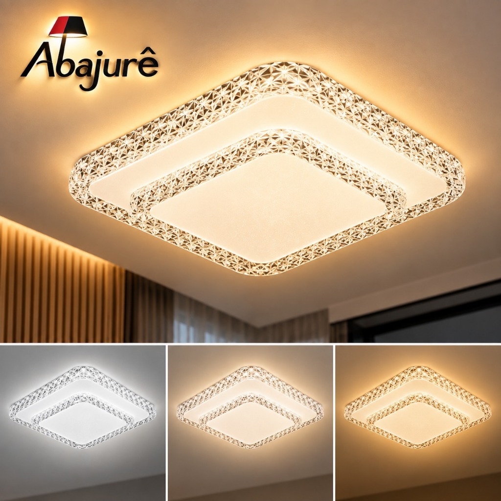 Luminária Plafon Céus Estrelado efeito estrela Painel LED Sobrepor Quadrado Brilho Cristal 28Cm 26W