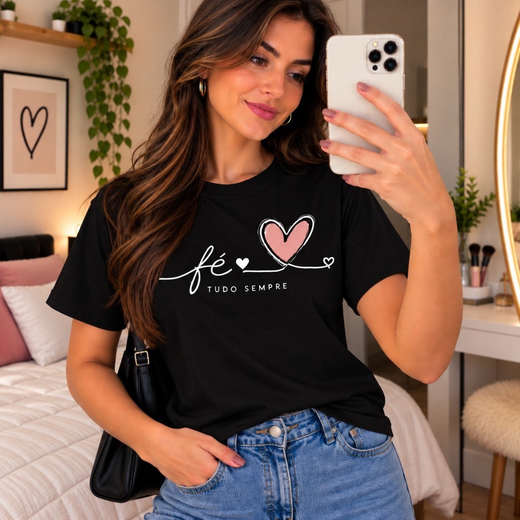 Camiseta Feminina 100% Algodão Fé Coração Blusinha Cristã Básica Moda Blogueira Confortavel e Elegante