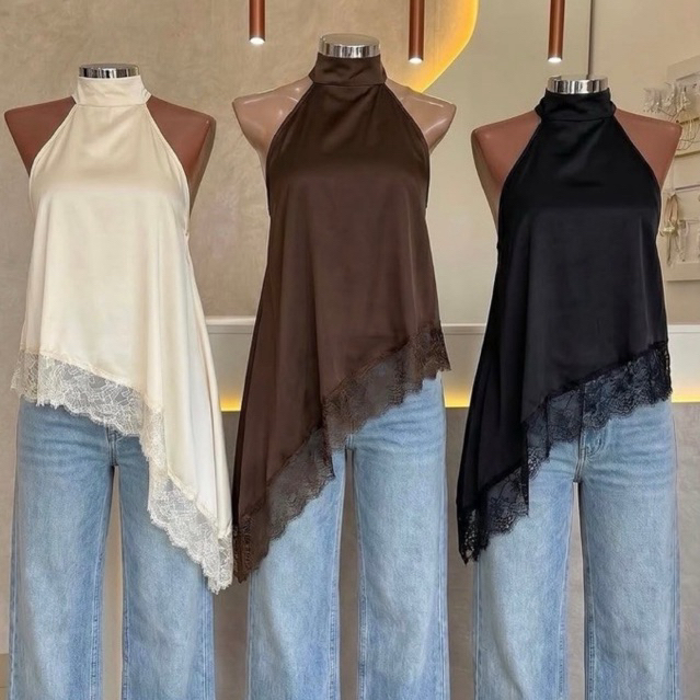 Blusa Feminina Gola Alta Assimétrica Frente Única Com Renda Bata Elegante sofisticada Tendência