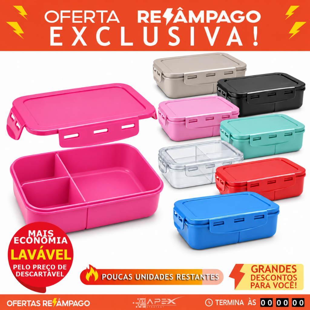 Marmita Hermética lavável 1250ml 3 Divisórias várias cores BPA Free Freezer Microondas Lava Louças
