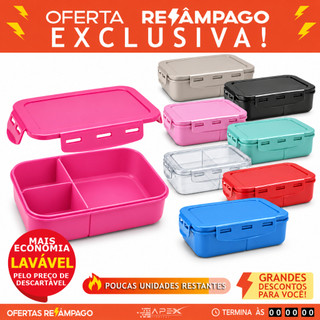 Marmita Hermética lavável 1250ml 3 Divisórias várias cores BPA Free Freezer Microondas Lava Louças