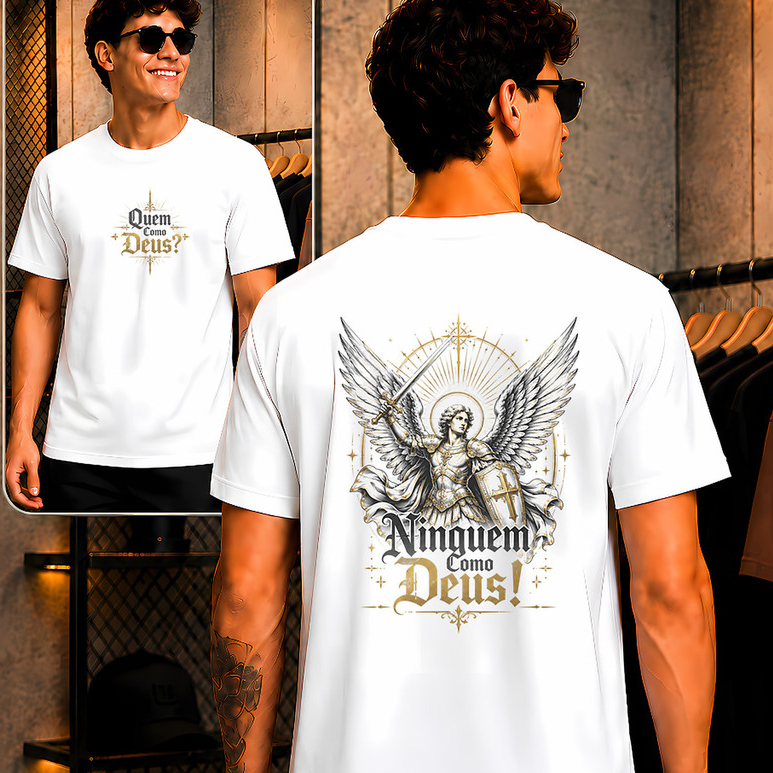 Camiseta Masculina São Miguel Arcanjo Estampada Confortável Católica Religiosa Quem Como Deus 100% Algodão