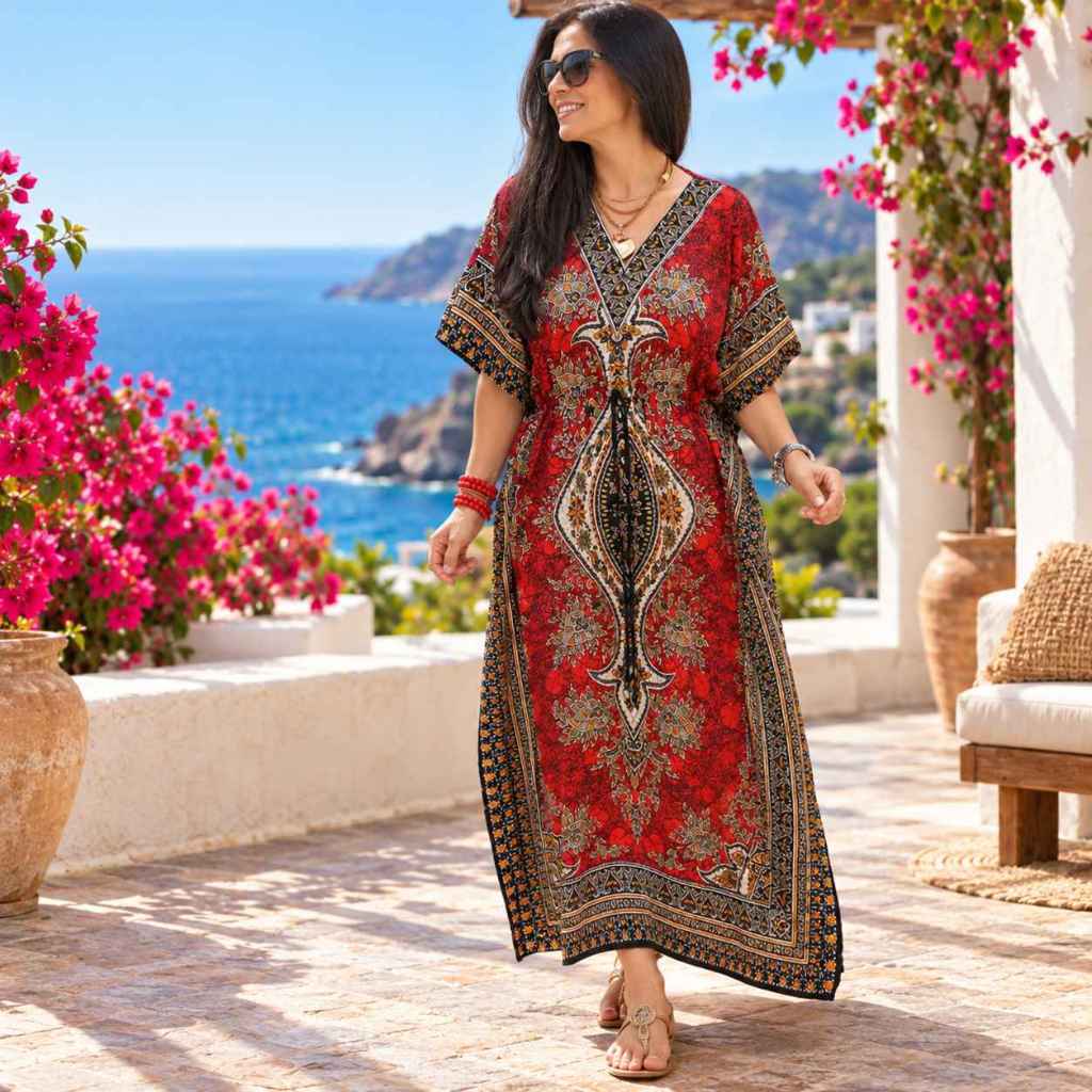 Vestido Kaftan Feminino Longo Indiano Confortável Visual Moderno Passeio Moda Praia Estampa Variadas