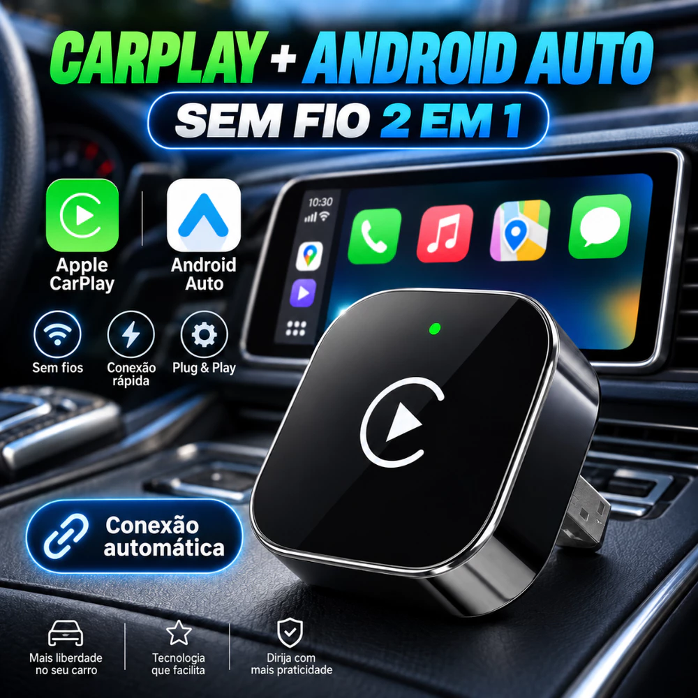Adaptador CarPlay e Android Auto Sem Fio 2 em 1 USB Wireless Plug & Play para Carro