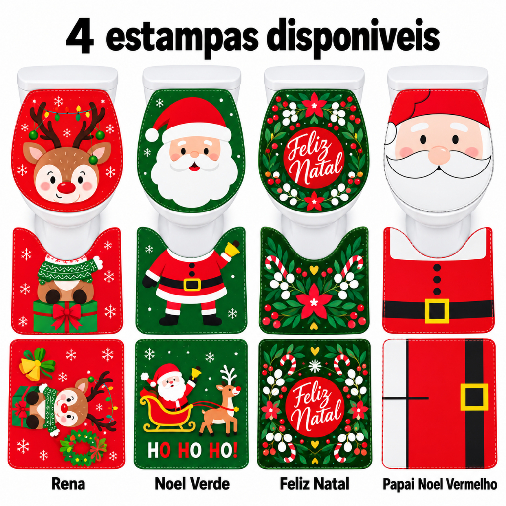 Jogo de Banheiro Natalino 3 Peças Tapetes Capa para Vaso Decoração Natal Papai Noel Rena
