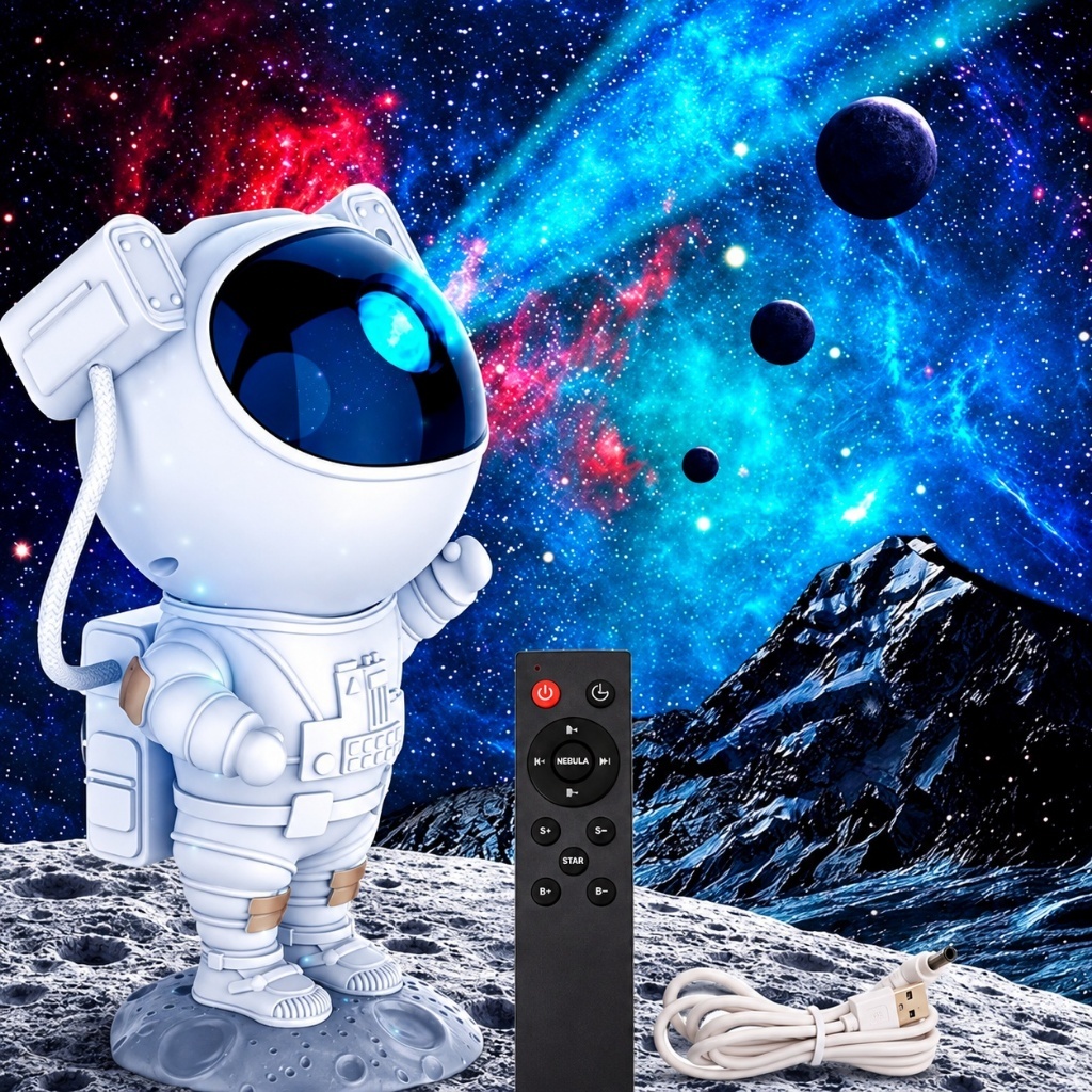 Projetor Astronauta Galáxia LED Estrelas e Nebulosa com Controle Remoto USB Luminária para Quarto