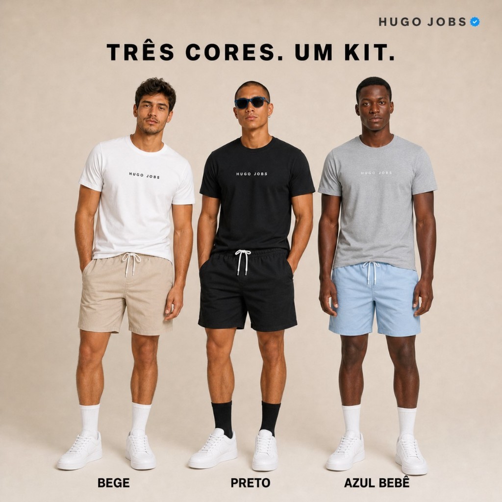 Kit 3 Conjunto Masculino Camiseta Algodão Short Linho Meia Cano Medio