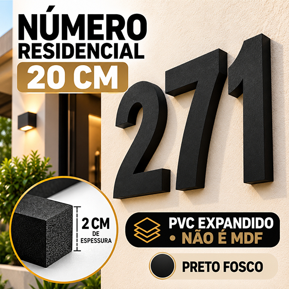 Número Residencial 20cm PVC Expandido 20mm Preto Fosco Alto Relevo 3D para Casa e Fachada com Fita Dupla Face