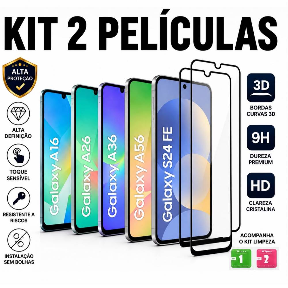 Kit 2 Películas de Vidro Temperado 3D Pelicula Samsung A16 A26 A36 A56 S24 FE Borda Preta