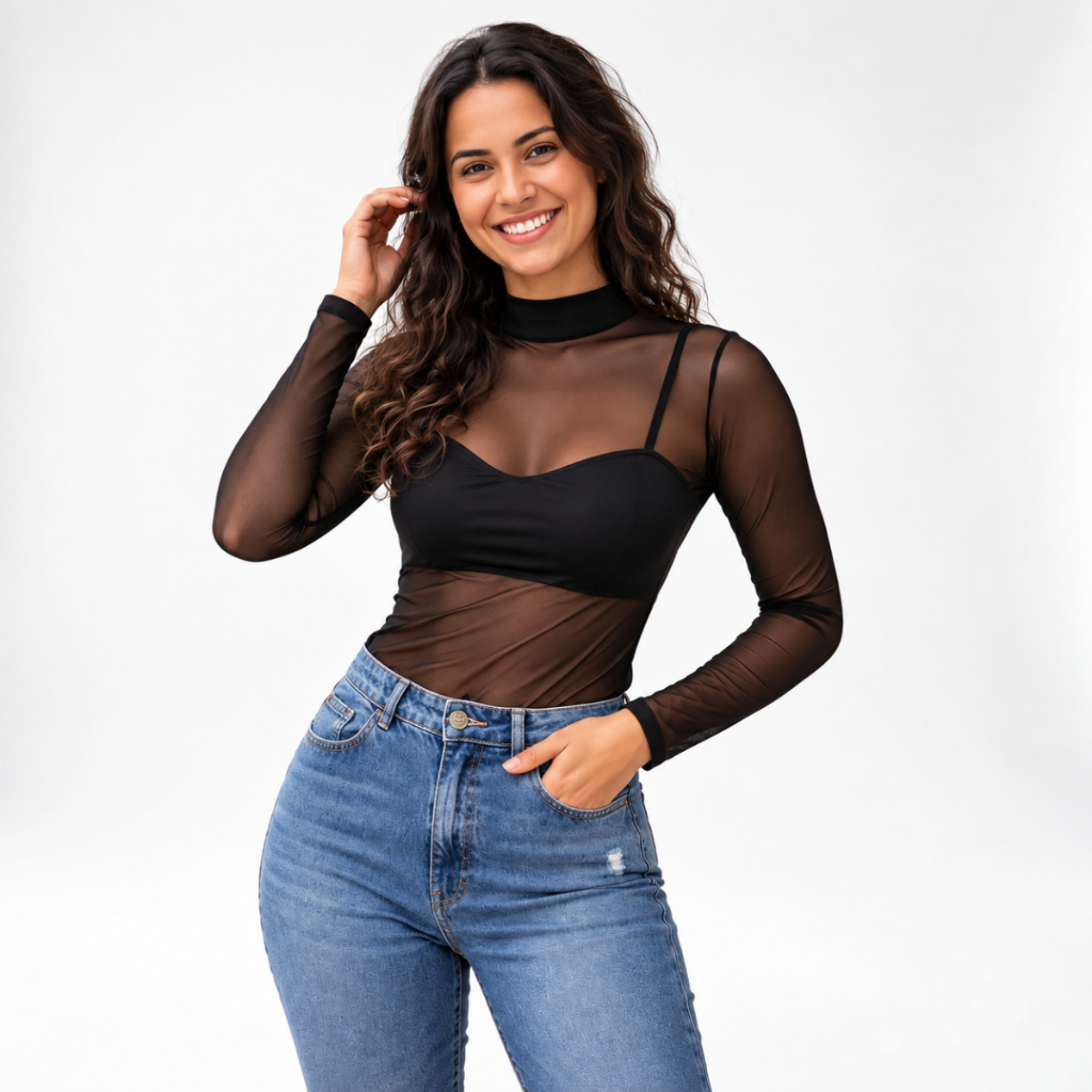 Blusa de Tule Gola Alta Manga Longa Malha Transparente - Tamanhos P ao GG