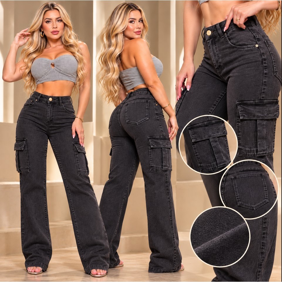 Calça Wide Leg Cargo Jeans Feminina Pantalona Premium Cintura Alta Marmorizada Bolso Lateral Tendencia