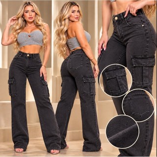 Calça Wide Leg Cargo Jeans Feminina Pantalona Premium Cintura Alta Marmorizada Bolso Late…