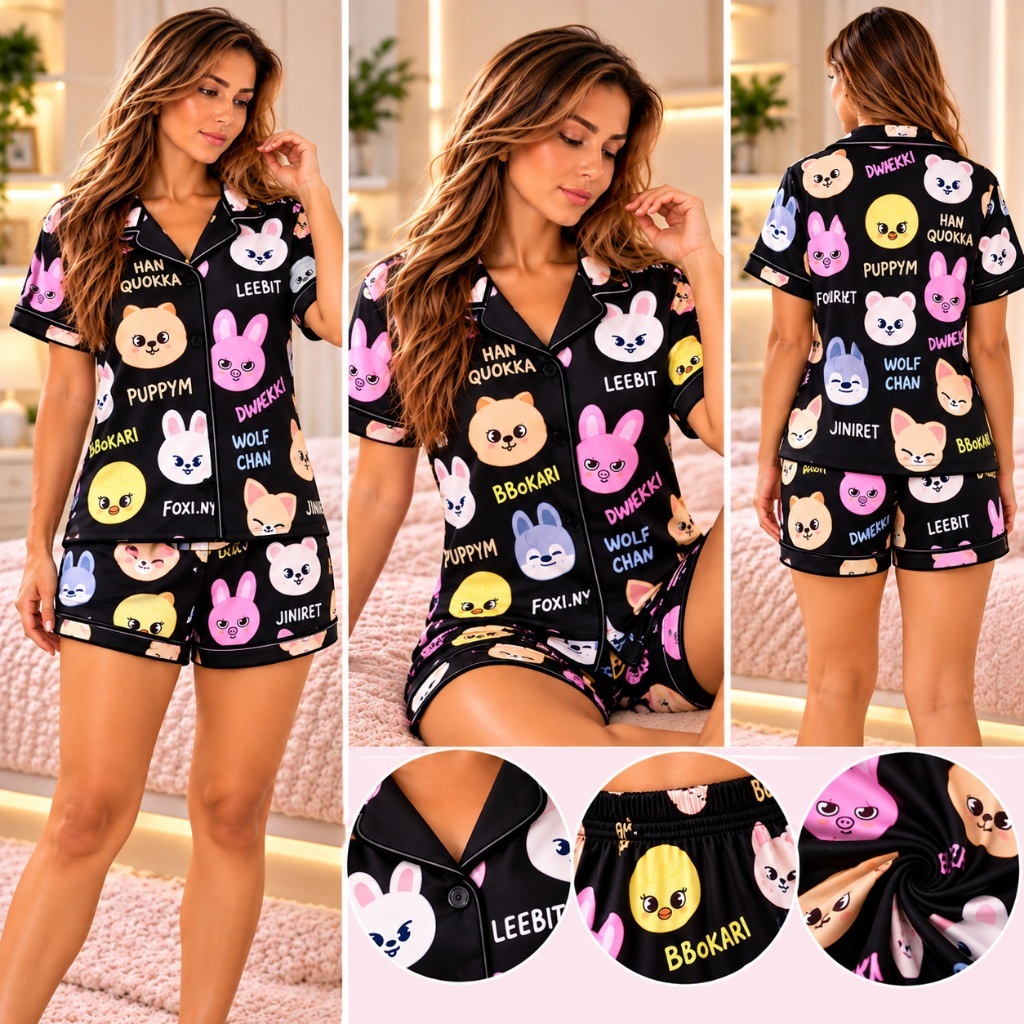 Pijama Stray Kids Feminino Curto Americano Tecido Suede Premium P, M e G GG (Adulto e infantil)