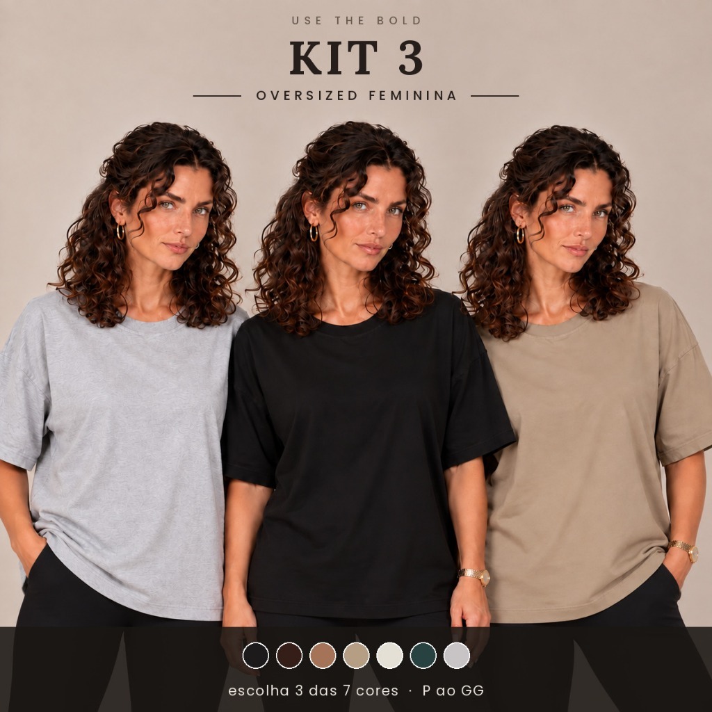 Kit 3 Camisetas Oversized Femininas 100% Algodão P ao GG Blusa Larga Básica Lisa Streetwear Ombro Caído