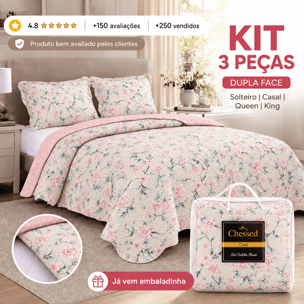 Colcha Cobre Leito 3 Peças Dupla Face Matelado Floral para Cama Box — imagem 1