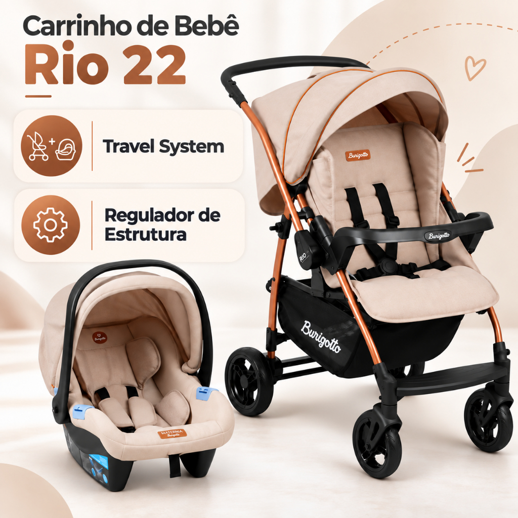Carrinho De Bebê Burigotto Travel System Rio 22 Bebe Conforto Passeio 4 Rodas