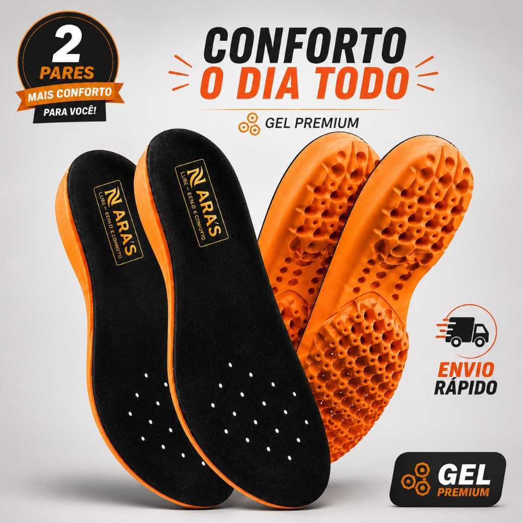 Palmilha Trekking Ortopédica Anatômica Nara Gel Confort Anti-Impacto Trabalho Pesado Alivio do Pé