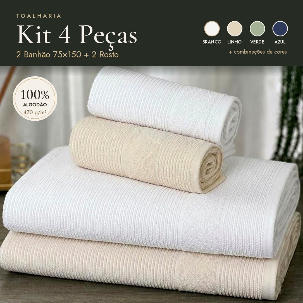 Jogo de Toalhas 4 Peças 2 Banhão 75x150 + 2 Rosto 100% Algodão 470g Felpuda Macia Kit Banho Luxo