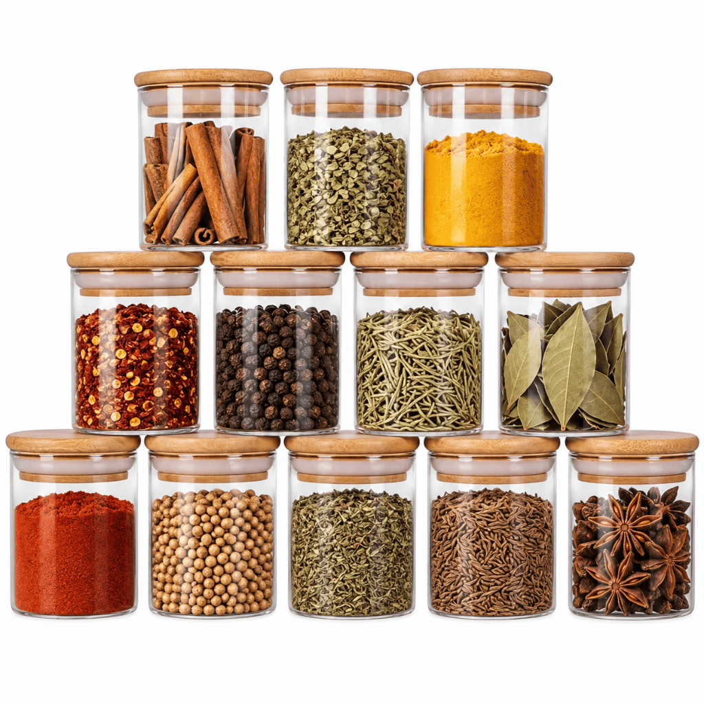 Kit 12 Porta Temperos 250ML Tampa de Bambu Potes de Vidro Herméticos Cozinha com Etiquetas e Canetinha
