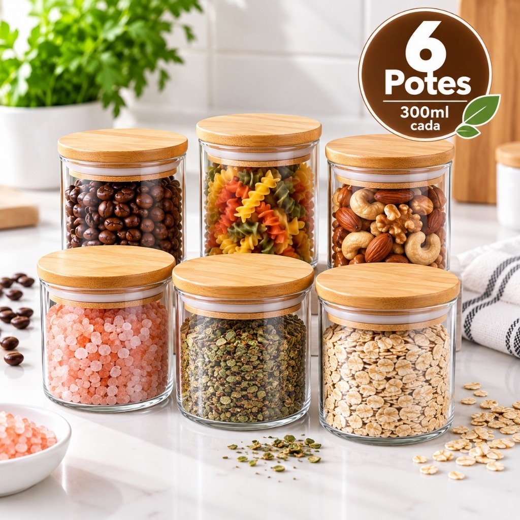 Kit 6 Pote Para Tempero 300ml Vidro Hermético Tampa Bambu Alta Vedação Mantimentos