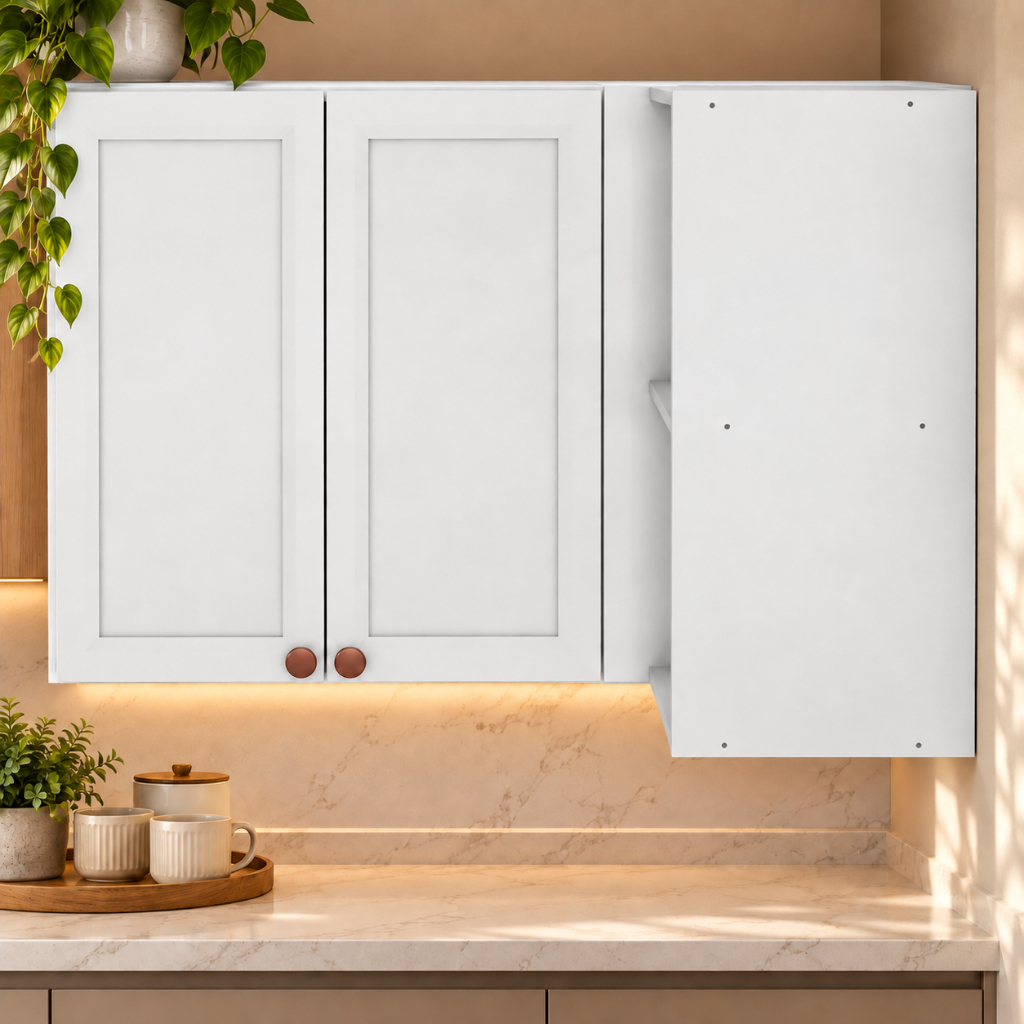 Armário Aéreo de Canto Olivia 2 Portas Molduradas 2 Nichos 95 cm para Cozinha MDP MDF Poliman Móveis