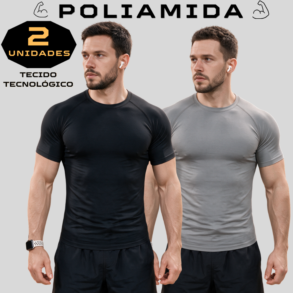 Kit 2 Camisetas Poliamida Tech Masculina Compressão Manga Curta Anti Odor Academia Rash Guard Raglan