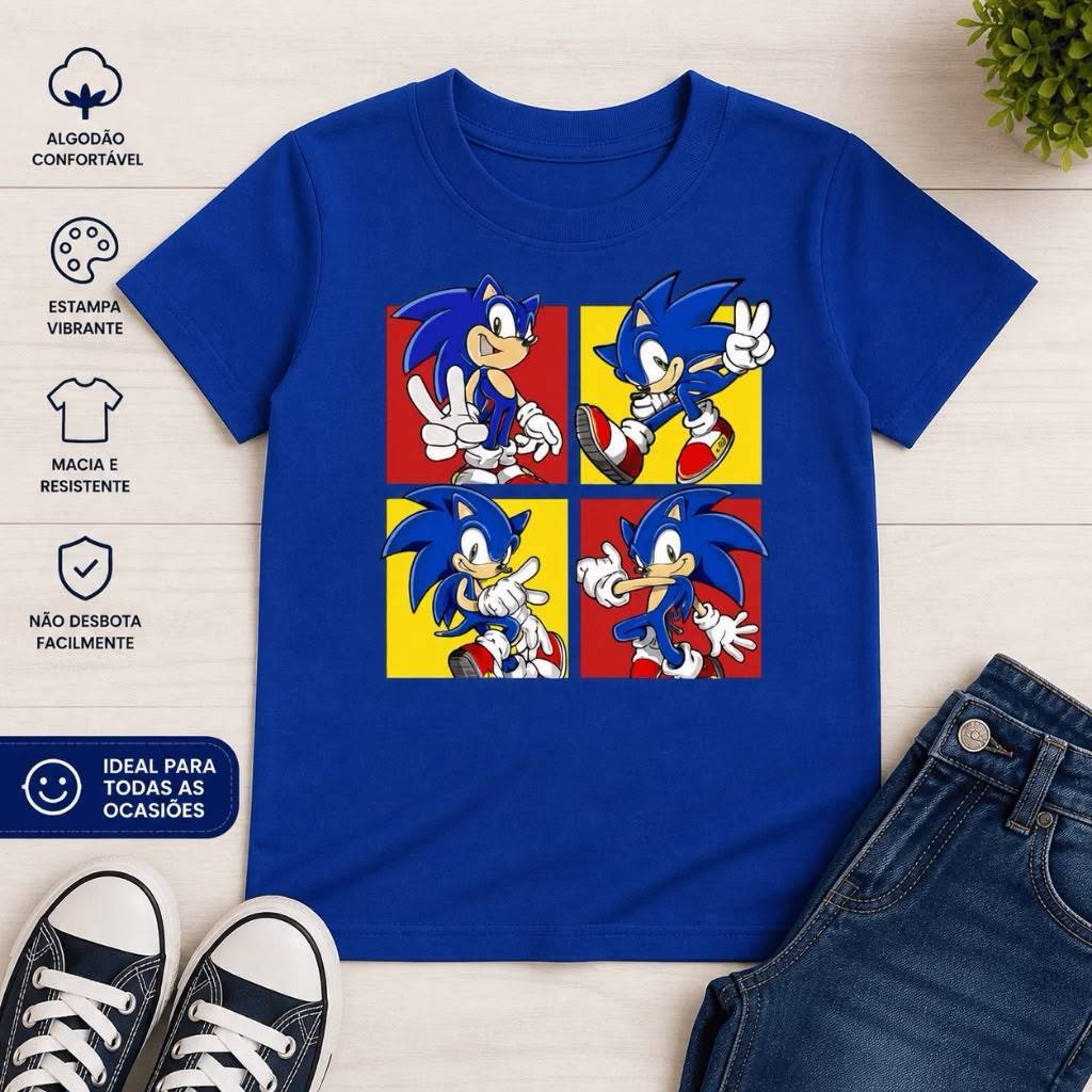 Camiseta Infantil Sonic Personagem Estampa Divertida Algodão Confortável Menino Menina