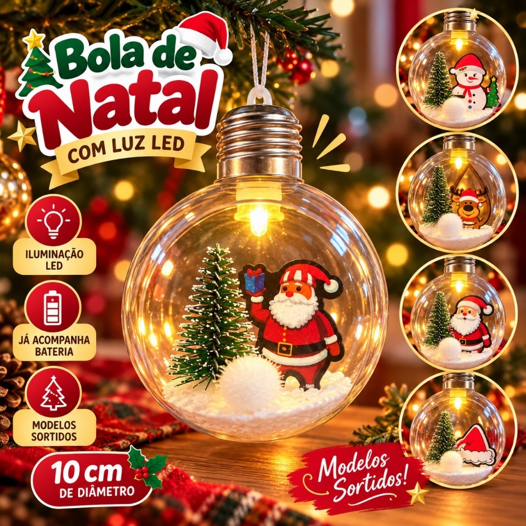 Bola de Natal Decorativa com LED 10cm Enfeite Árvore Natalino Luzes Wincy Modelos Sortidos