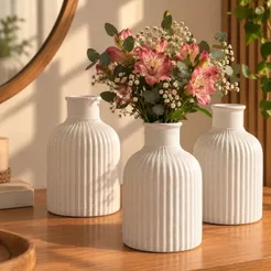 Kit 5 Vasinhos Decorativos Canelados De Gesso Para Flores Arranjos Mesa Casamento Festa Decoração