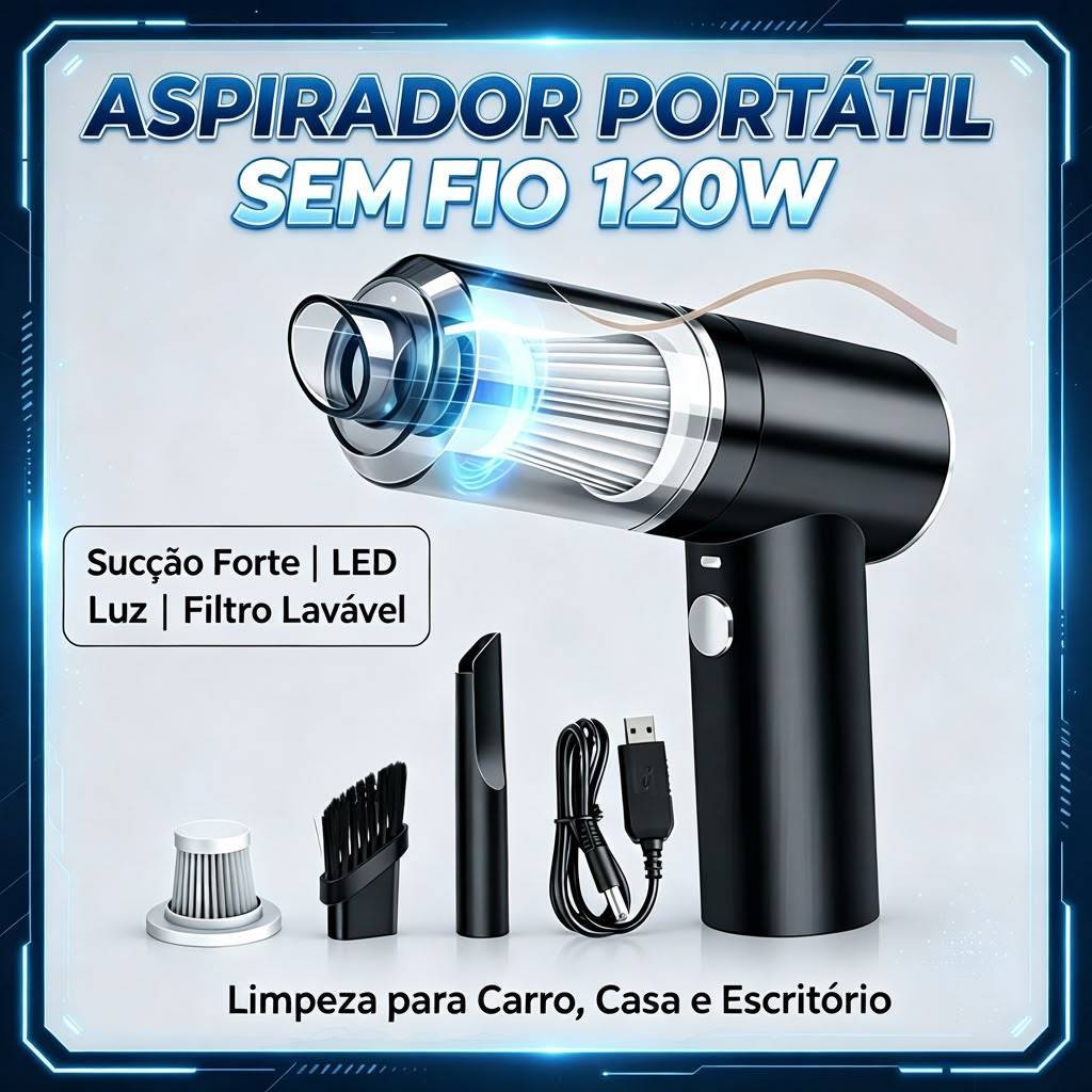 Mini Aspirador de Pó 3 em 1 Soprador Portátil Sem Fio Sucção USB Recarregável Bivolt 120w