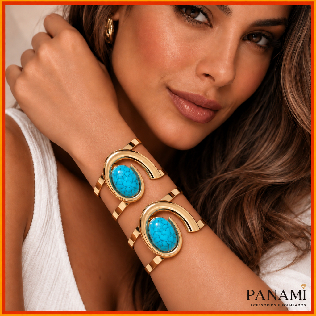 Kit 2 Braceletes Femininos Dourado Pedra Turquesa e Branca Ajustável Pulseira Elegante Boho Chic