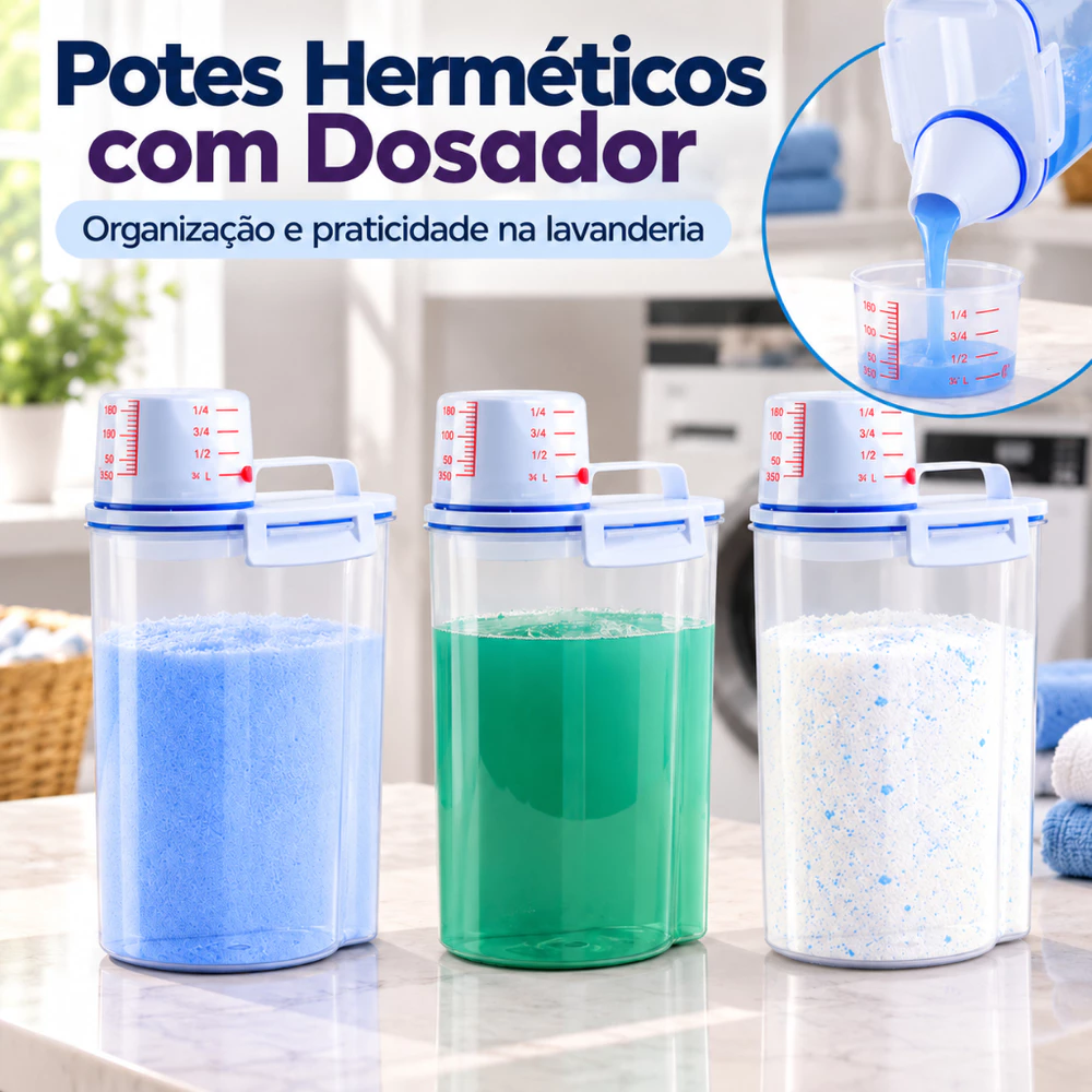 Kit 3 a 10 Potes Herméticos 2L Dispenser Organizador Lavanderia Para Sabão em Pó Detergente Amaciante