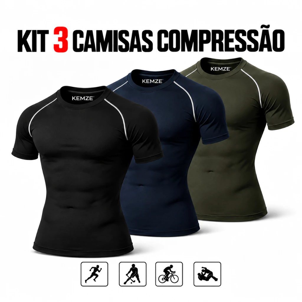 Kit 3 Camisetas de Compressão Masculina KEMZE LISA Alta Performance para Treino e Academia. — imagem 1