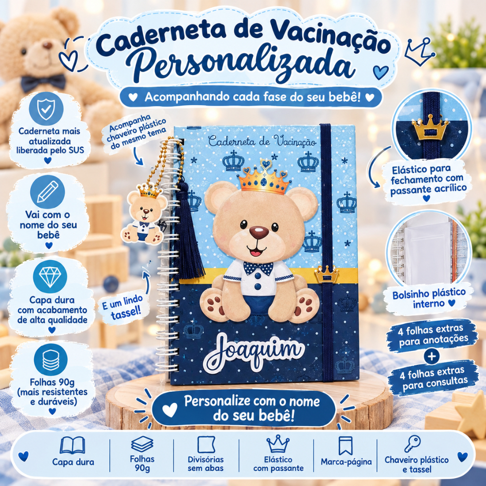 Caderneta de Vacinação Personalizada Menino Bebê Ursinho Príncipe Enxoval Maternidade