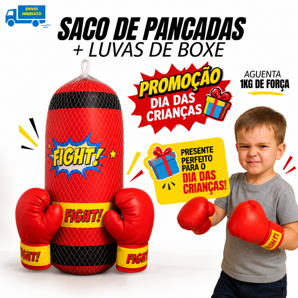 Saco de Pancada Infantil Para Crianças Treino Brinquedo Box Super Fight 40 cm + 3 Peças com Luva de Box
