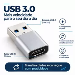 Adaptador Conector USB-C Fêmea Para USB Macho 3.0 Carregamento Dados