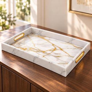 Bandeja Decorativa Marmorizada com Alça Dourada para Perfumes Maquiagem Lavabo Luxo