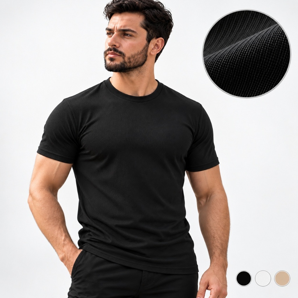 Camiseta Masculina Piquet Texturizada/Canelada Básica Premium Gola Redonda Manga Curta Toque Macio Confortável